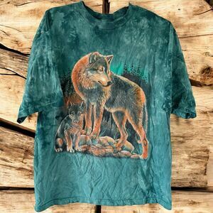 Vintage 90’s Thunder Sportswear Nature Wildlife Wolf Tee Shirt Green Tie Dye L